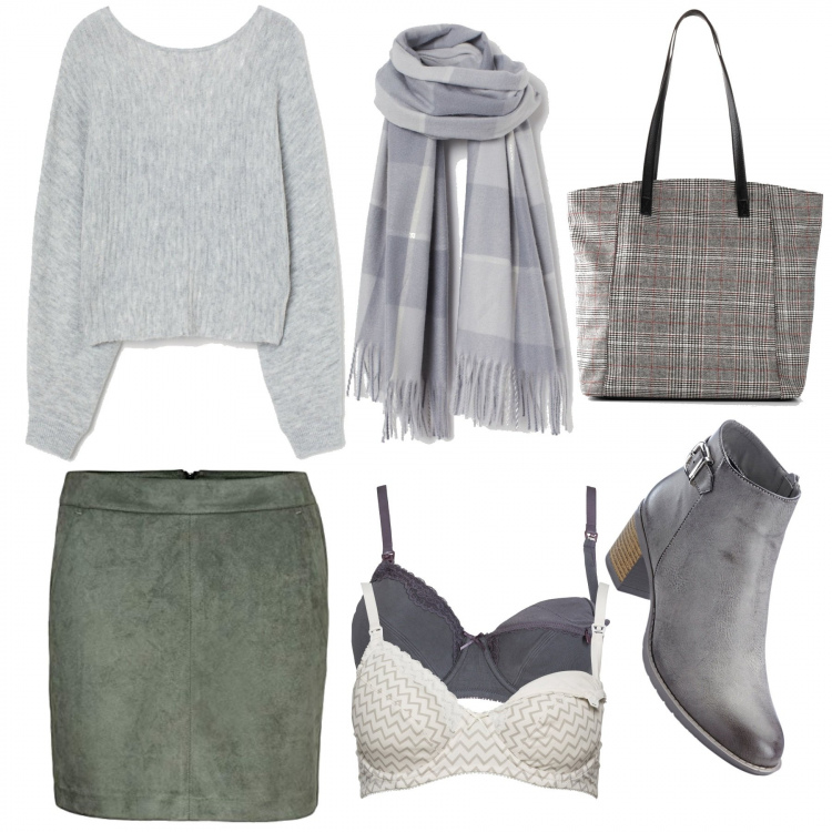 Outfit donna - Basic con la gonna. Stile Basic per Tutti i giorni. Abbinamento con reggiseni, stivaletti, shopping bag, minigonne, pullovers, sciarpe.