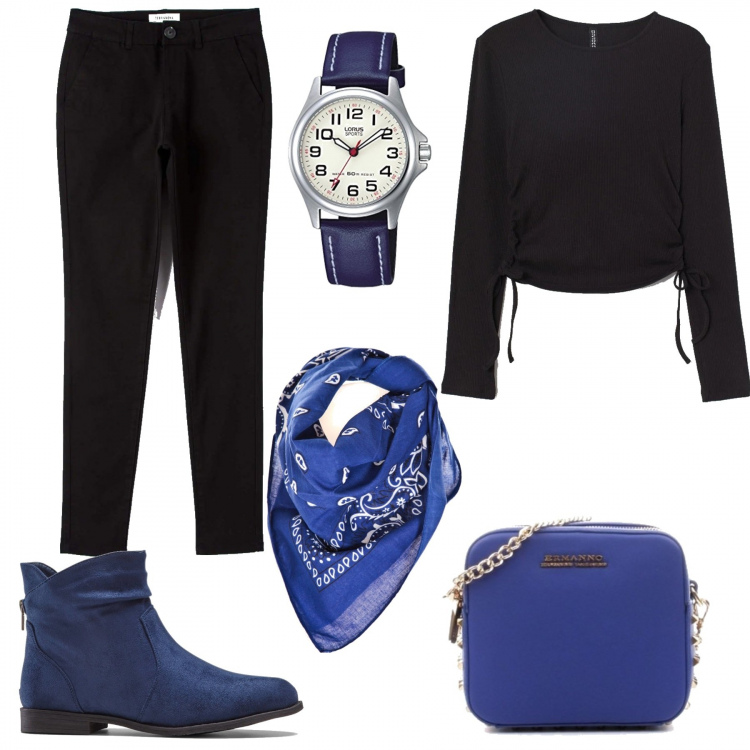 Outfit donna - Curvy: blu e nero. Stile Trendy per Tutti i giorni. Abbinamento con stivaletti, pantaloni, borse a tracolla, sciarpe, top, orologi analogici.