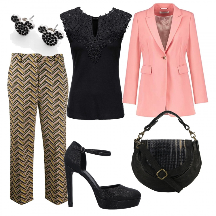 Outfit donna - A cena con il capo. Stile Trendy per Serata fuori. Abbinamento con top, orecchini, décolleté, pantaloni a palazzo, blazer, borse a mano.