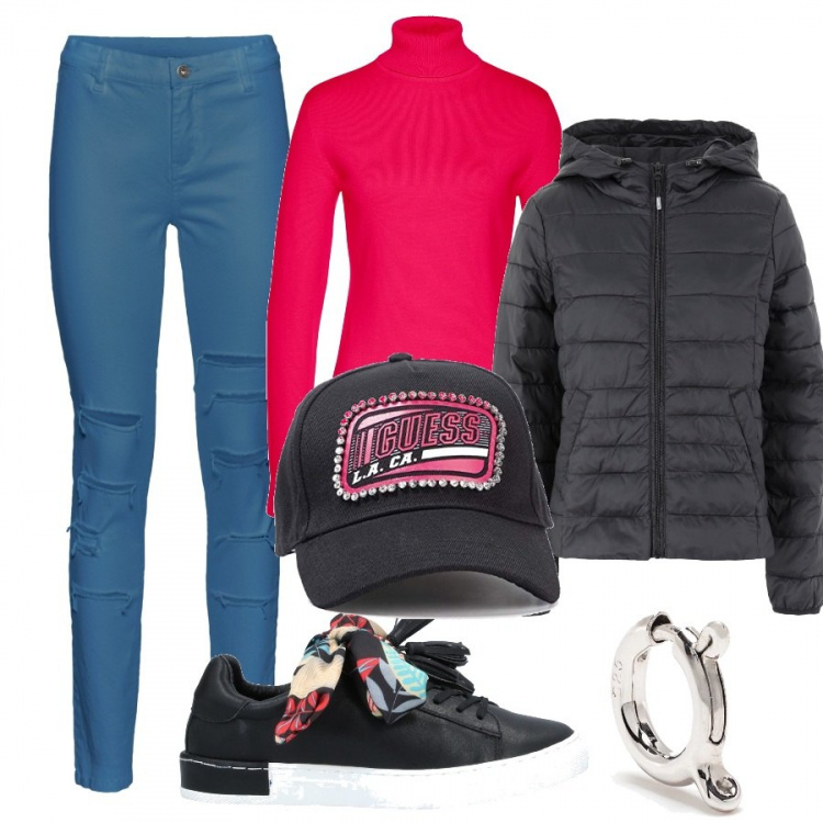 Outfit donna - Cappello o berretto?. Stile Trendy per Tutti i giorni. Abbinamento con piumini, sneakers, pantaloni, maglieria, ciondoli, cappelli con visiera.