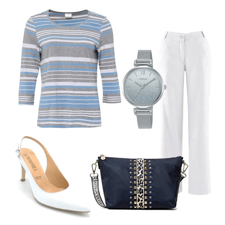 Outfit donna - Moda speciale. Stile Trendy per Tutti i giorni. Abbinamento con pantaloni, maglieria, décolleté, borse a tracolla, orologi analogici.
