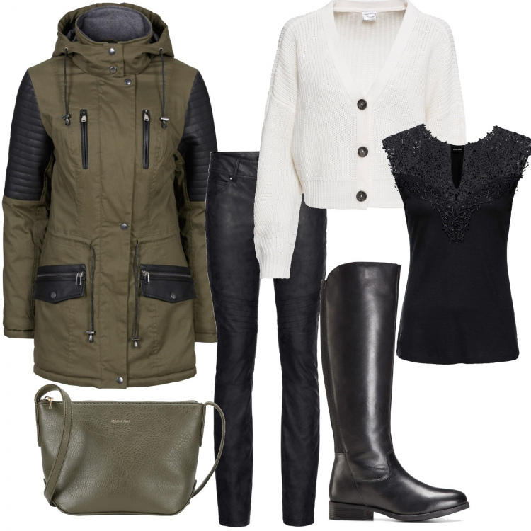 Outfit donna - Bonprix. Stile Basic per Tutti i giorni. Abbinamento con parka, top, stivali, cardigans, pantaloni, borse a tracolla.
