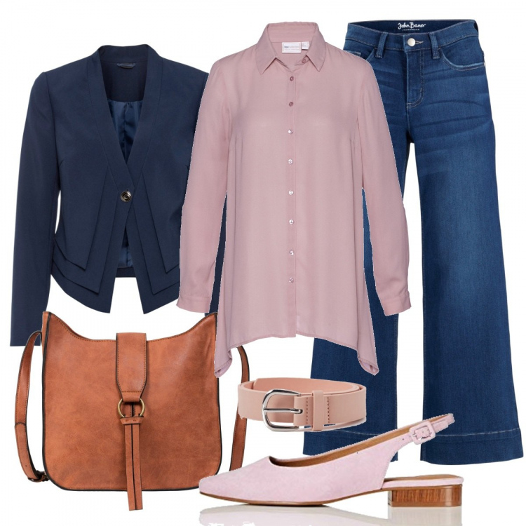 Outfit donna - Cognac e rosa. Stile Urban per Ufficio. Abbinamento con jeans a zampa, borse a tracolla, camicie, blazer, cinture, ballerine.