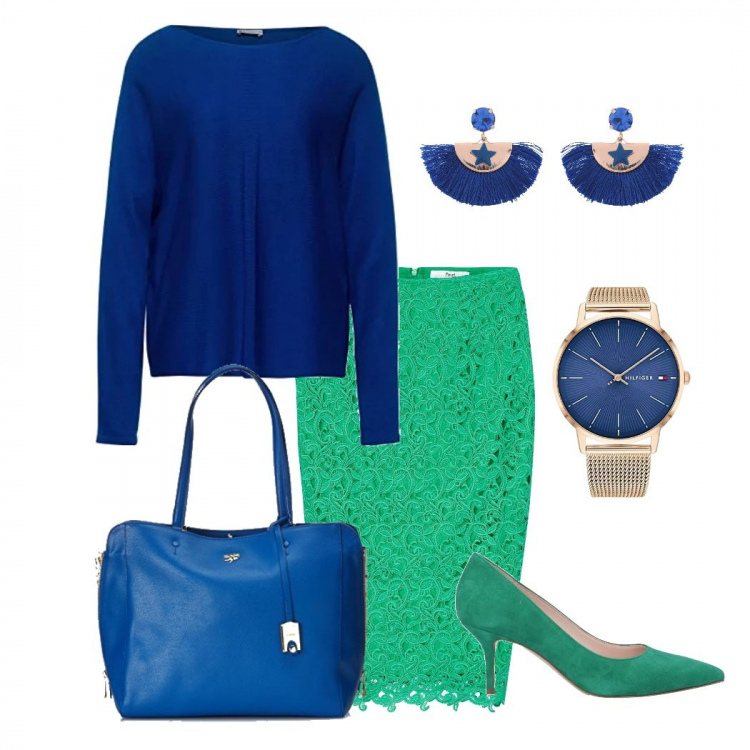 Outfit donna - Color shock. Stile Chic per Ufficio. Abbinamento con décolleté, orecchini, maglioni, gonne, borse tote, orologi analogici.
