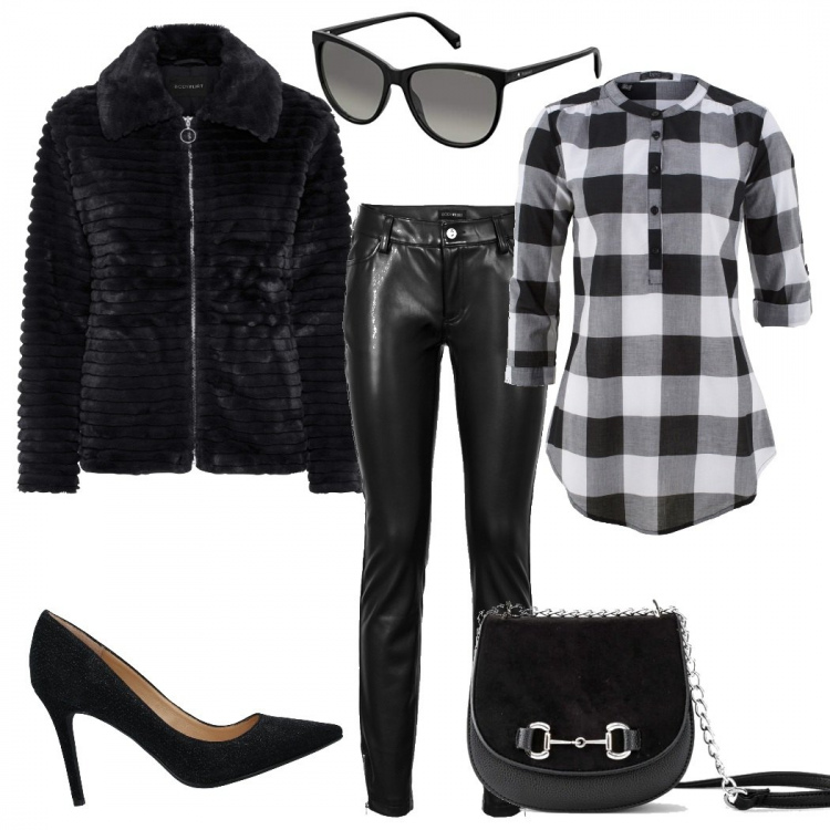Outfit donna - Black. Stile Urban per Tutti i giorni. Abbinamento con bluse, ecopellicce, pantaloni, borse a tracolla, décolleté, occhiali da sole.
