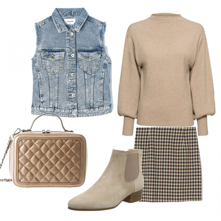 Outfit donna - In ufficio. Stile Trendy per Ufficio. Abbinamento con maglieria, cappotti, minigonne, borse a spalla, stivaletti chelsea.