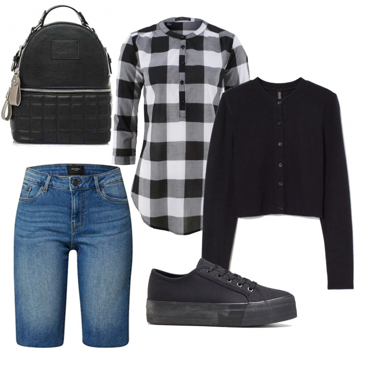 Outfit donna - Passeggiata pomeridiana. Stile Urban per Tutti i giorni. Abbinamento con sneakers, bluse, shorts, cardigans, zaini.