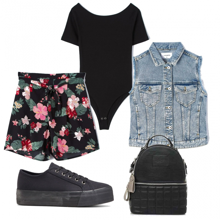 Outfit donna - Con le amiche. Stile Trendy per Tutti i giorni. Abbinamento con sneakers, shorts, t-shirt, cappotti, zaini.