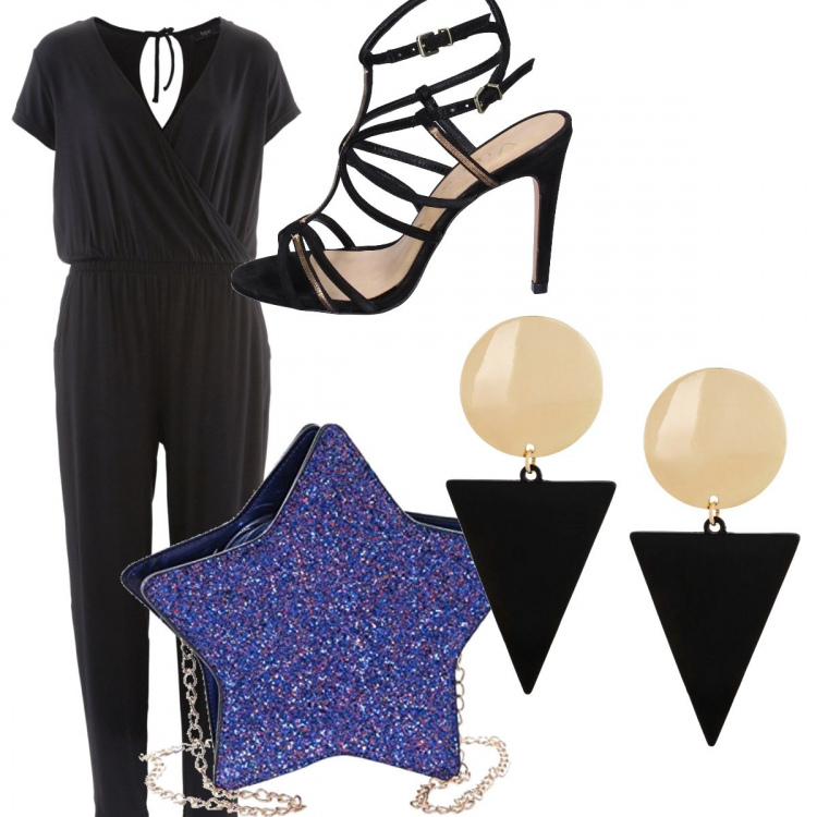 Outfit donna - Brillo come una stella. Stile Trendy per Cerimonia. Abbinamento con tute, orecchini, sandali in pelle, borse a tracolla.
