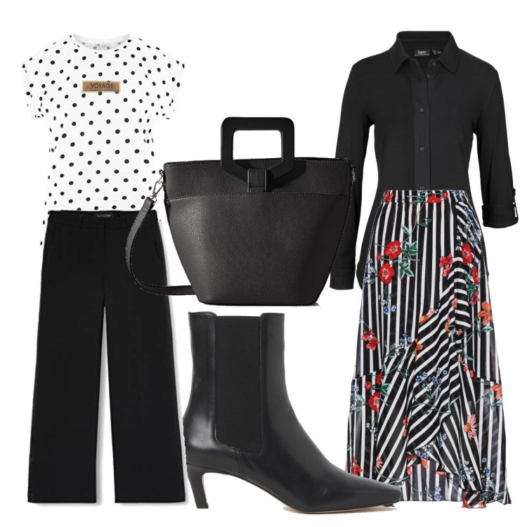 Outfit donna - Pantaloni o gonna?. Stile Basic per Tutti i giorni. Abbinamento con camicie, gonne, pantaloni, t-shirt, borse a spalla, stivaletti.