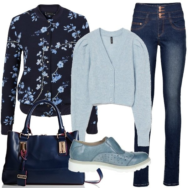 Outfit donna - Low cost trendy. Stile Trendy per Tutti i giorni. Abbinamento con bomber, jeans, scarpe stringate, borse a tracolla, cardigans.