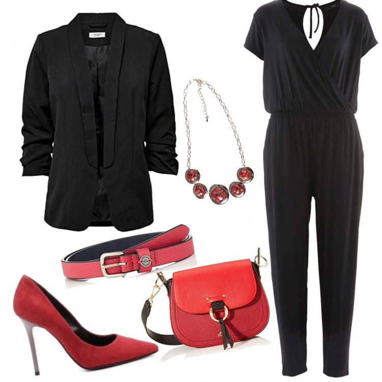 Outfit donna - Sexy #1382. Stile Sexy Abbinamento con tute, décolleté, collane, blazer, borse a spalla, cinture.