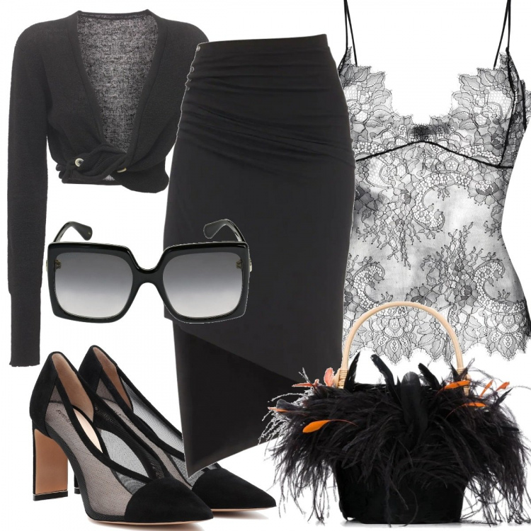 Outfit donna - Black trendy. Stile Trendy Abbinamento con borse tote, canottiere, occhiali da sole, décolleté, gonne longuette, cardigans.