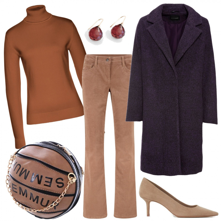 Outfit donna - Insegnante al liceo. Stile Trendy per Tutti i giorni. Abbinamento con pantaloni, maglieria, cappotti, orecchini, décolleté, borse a spalla.