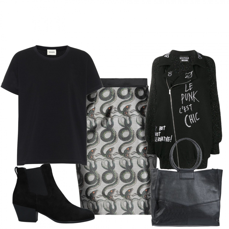 Outfit donna - Male lingue. Stile Trendy per Tutti i giorni. Abbinamento con stivaletti chelsea, borse a mano, gonne longuette, cardigans, t-shirt.