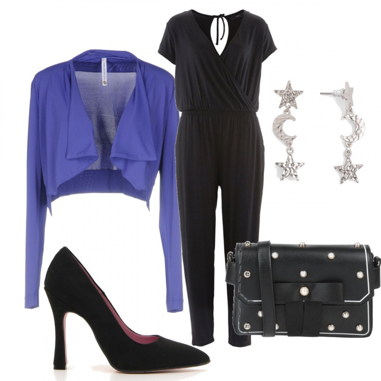 Outfit donna - Serata..in tuta. Stile Bon Ton per Serata fuori. Abbinamento con tute, orecchini, borse a mano, bolero, décolleté.