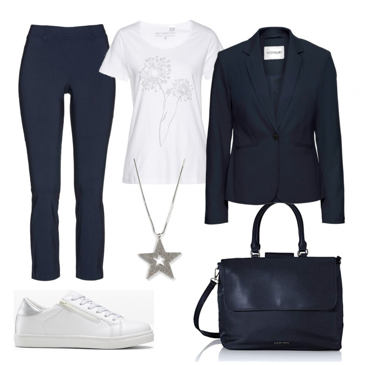 Outfit donna - Tailleur blu low cost. Stile Basic per Tutti i giorni. Abbinamento con blazer, t-shirt, pantaloni capri, sneakers, ciondoli, borse a tracolla.
