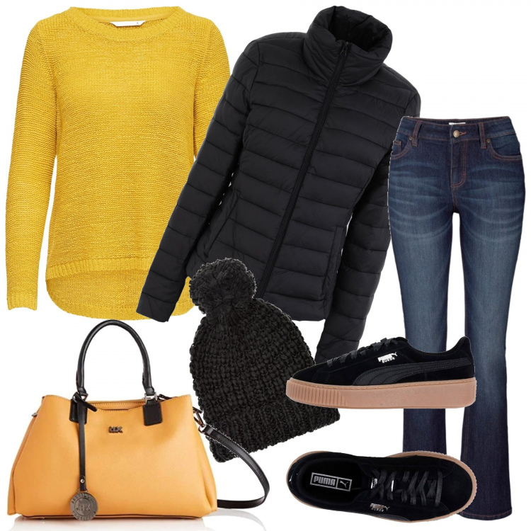 Outfit donna - La borsa capiente. Stile Urban per Tutti i giorni. Abbinamento con jeans bootcut, piumini, sneakers, maglioni, borse a spalla, berretti.