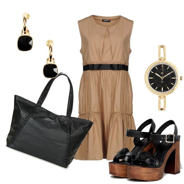 Outfit donna - Ufficio. Stile Chic per Ufficio. Abbinamento con orecchini con strass e farfallina, orologio, vestito corto con fiocco collo tondo senza maniche con zip interno sfoderato tinta unita, sandali.
