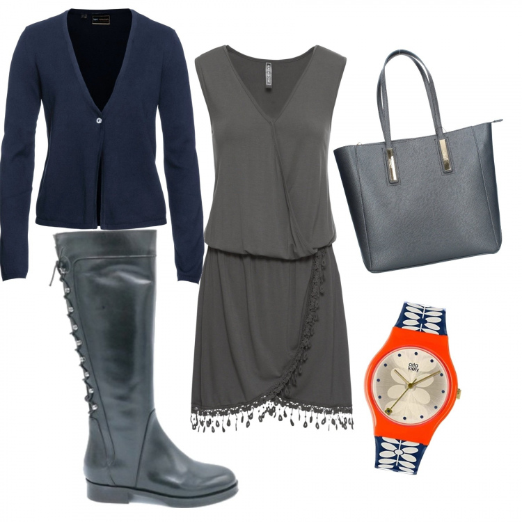 Outfit donna - Shopping bag e stivali. Stile Trendy per Tutti i giorni. Abbinamento con cardigans, vestiti, stivali, shopping bag, orologi analogici.