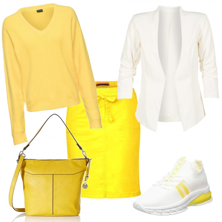 Outfit donna - Giallo solare a febbraio. Stile Urban Abbinamento con maglieria, blazer, borse a spalla, gonne lunghe, sneakers.