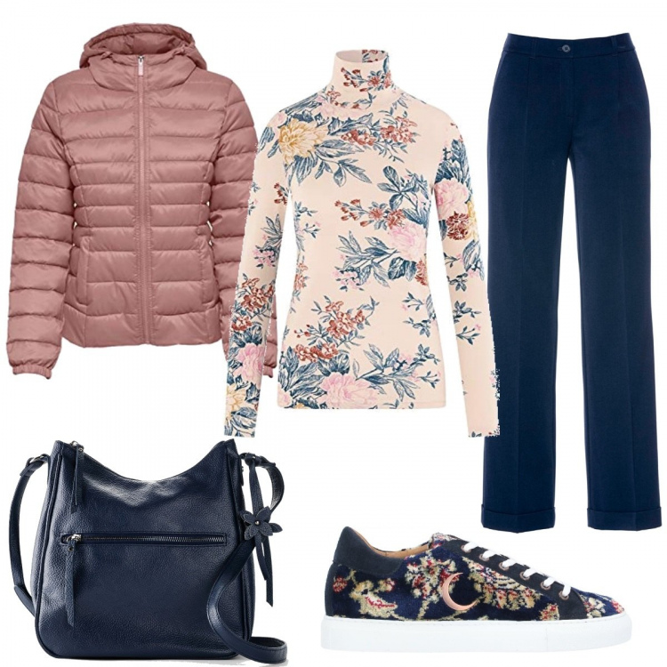 Outfit donna - Basic in rosa e blu. Stile Basic per Tutti i giorni. Abbinamento con sneakers, pantaloni, borse a tracolla, maglieria, blazer.