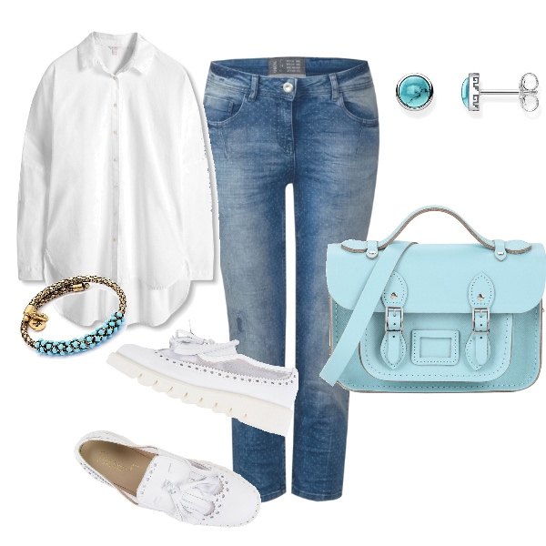 Outfit donna - Università. Stile Urban per Scuola/Università. Abbinamento con borsa a mano mini con manico e fibbia interno sfoderato tinta unita, mocassini, camicia bianco, bracciale wrap in ottone forma intrecciata rosa, orecchini.