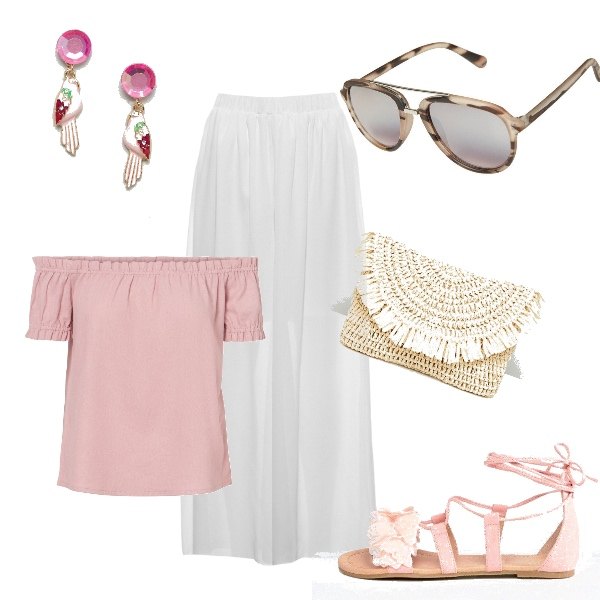 Outfit donna - Aperitivo al mare. Stile Trendy per Mare. Abbinamento con sandali effetto zigrinato suola piatta, top a maniche corte in lino rosa, pantalone a culottes chiffon tinta unita, orecchini pendenti oro.