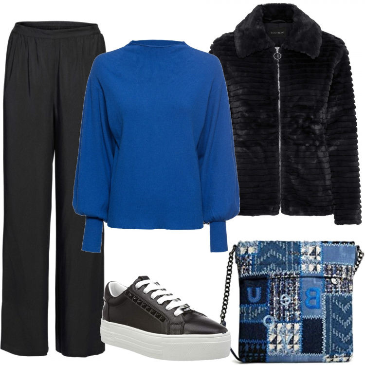 Outfit donna - La comodità fashion. Stile Trendy per Tutti i giorni. Abbinamento con maglieria, pantaloni a palazzo, ecopellicce, borse a tracolla, sneakers.