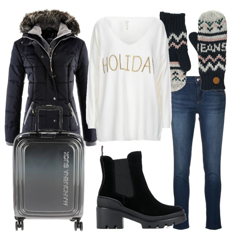 Outfit donna - Mini Holiday sulla neve. Stile Trendy per Tutti i giorni. Abbinamento con piumini, pullovers, valigie, stivali, jeans, guanti.