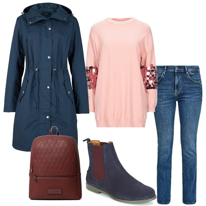 Outfit mujer - Informal. Estilo Urban para Oficina. Combinación con vaqueros bootcut, mochilas, botines chelsea, parka, jerséis.