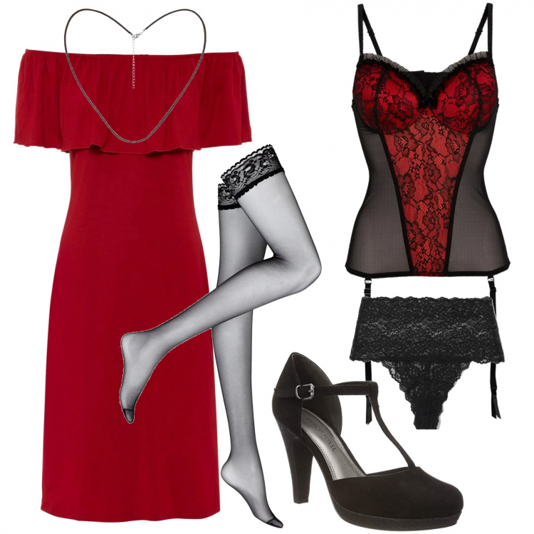 Outfit donna - Curvy in rosso sexy per S Valentino. Stile Sexy per Serata fuori. Abbinamento con vestiti, body, calzini, slip, collane, scarpe col tacco.
