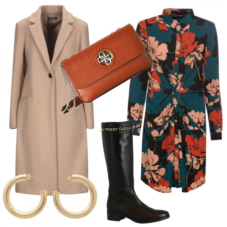 Outfit donna - Cappotto dress stivali e tracolla. Stile Etnico per Ufficio. Abbinamento con cappotti, orecchini, vestiti, stivali sopra il ginocchio, borse a tracolla.