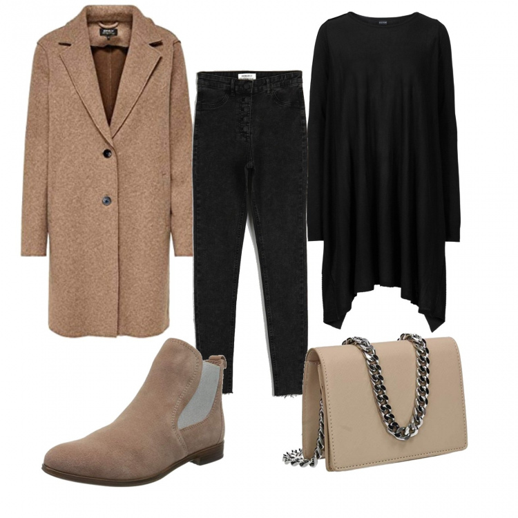 Outfit donna - Vado a piedi in stazione. Stile Basic per Tutti i giorni. look ideale per Tall. Abbinamento con maglieria, cappotti, borse a tracolla, jeans skinny, stivaletti.