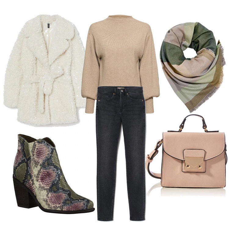 Outfit donna - Pelliccia ecologica. Stile Trendy Abbinamento con maglieria, stivali, jeans skinny, cappotti, borse a tracolla, sciarpe.