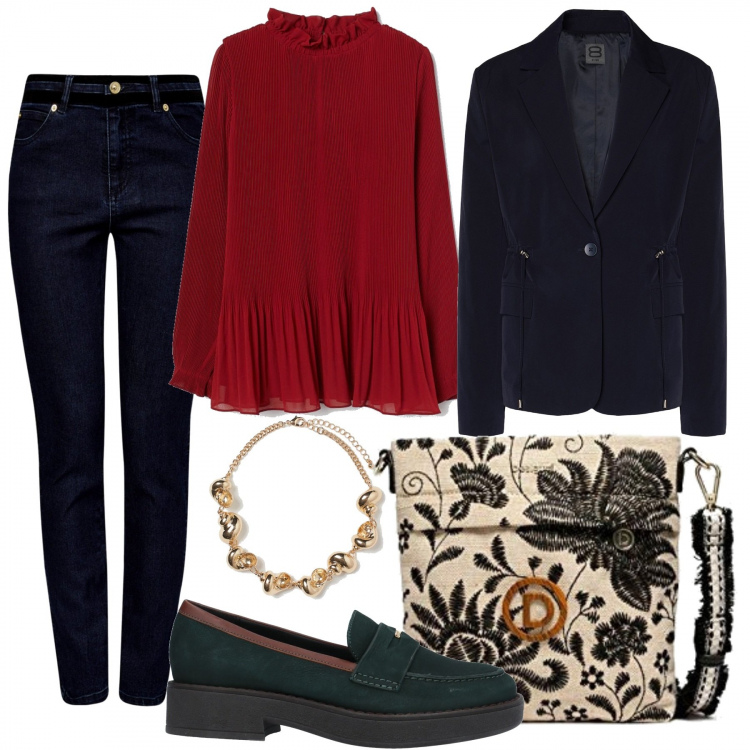Outfit donna - Chic #7340. Stile Chic per Ufficio. Abbinamento con mocassini, blazer, camicie, borse a tracolla, jeans slim fit, collane.
