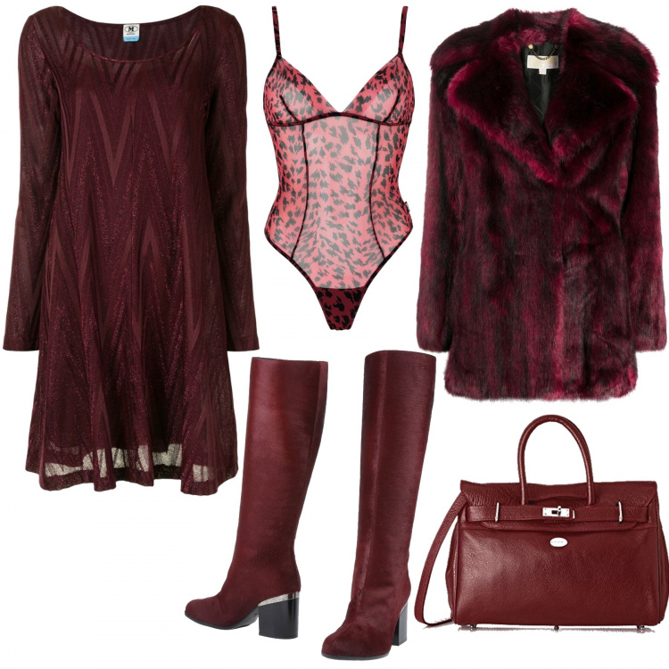 Outfit donna - Body animalier. Stile Trendy per Serata fuori. Abbinamento con stivali, body, vestiti corti, cappotti, borse a mano.