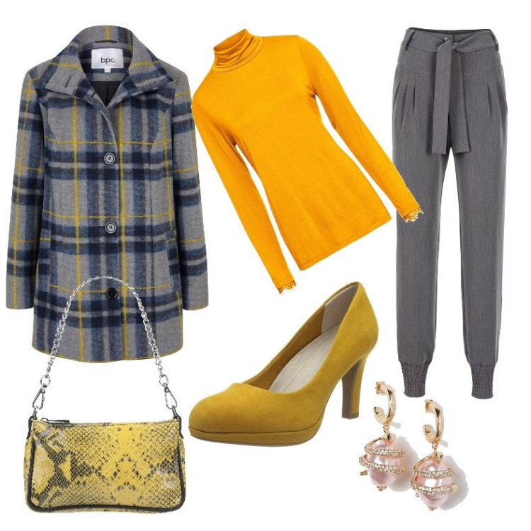 Outfit donna - Curvy trendy. Stile Trendy per Serata fuori. Abbinamento con pantaloni, cappotti, maglieria, borse a mano, scarpe col tacco, orecchini.