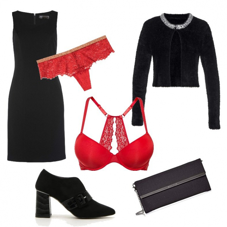 Outfit donna - Buon S. Valentino. Stile Chic per Serata fuori. Abbinamento con bolero, vestiti a tubino, reggiseni, culotte, décolleté, clutch.