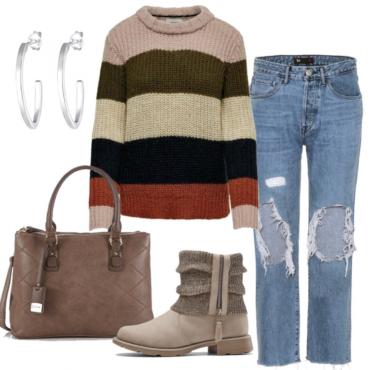 Outfit donna - Basic #6627. Stile Basic per Tutti i giorni. Abbinamento con stivaletti, maglioni, orecchini, jeans boyfriend, borse tote.