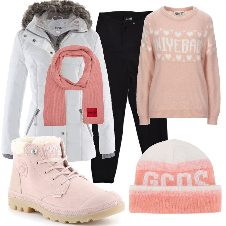 Outfit donna - Sulla neve. Stile Basic per Tutti i giorni. Abbinamento con piumini, pullovers, pantaloni chino, stivali da neve, felpe, sciarpe.