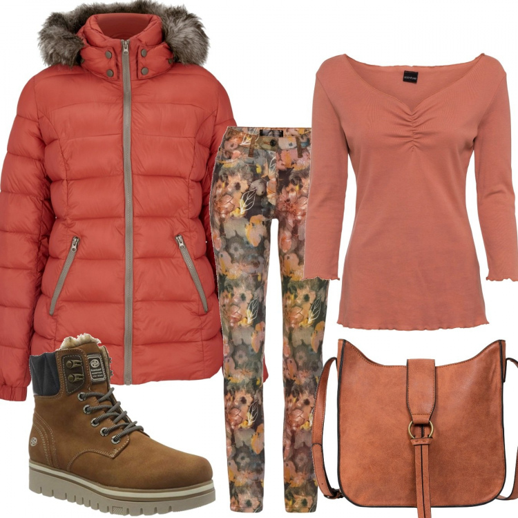 Outfit donna - Orange. Stile Trendy per Tutti i giorni. Abbinamento con borse a tracolla, pullovers, pantaloni, piumini, stivali.