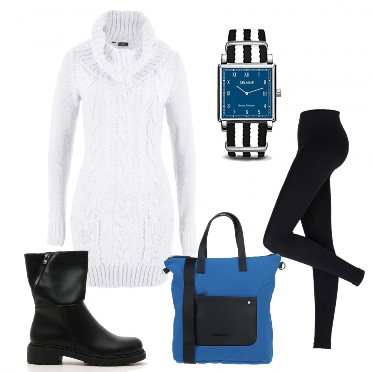 Outfit donna - Il mio look low- cost !. Stile Trendy per Tutti i giorni. Abbinamento con leggings, vestiti, borse a mano, orologi analogici, stivaletti.