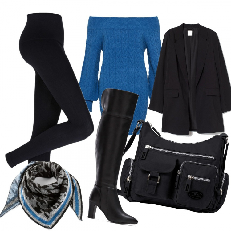 Outfit donna - Total look low cost. Stile Trendy per Tutti i giorni. Abbinamento con leggings, maglioni, borse a tracolla, foulard, stivali, blazer.