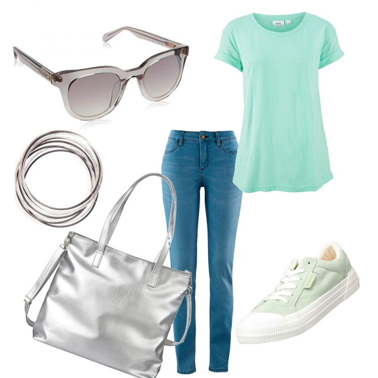Outfit donna - Springtime. Stile Basic per Tutti i giorni. Abbinamento con jeans skinny, shopping bag, t-shirt, braccialetti, occhiali da sole, sneakers.