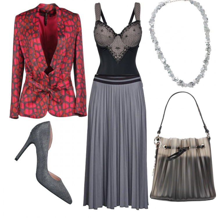 Outfit donna - Borsa e Giacca. Stile Sexy per Serata fuori. Abbinamento con body, blazer, borse a mano, collane, décolleté, gonne.