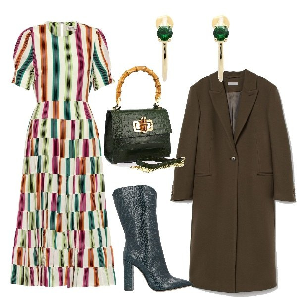 Outfit donna - A tutto righe. Stile Trendy per Ufficio. Abbinamento con orecchini, stivaletti, borse a mano, cappotti, vestiti.