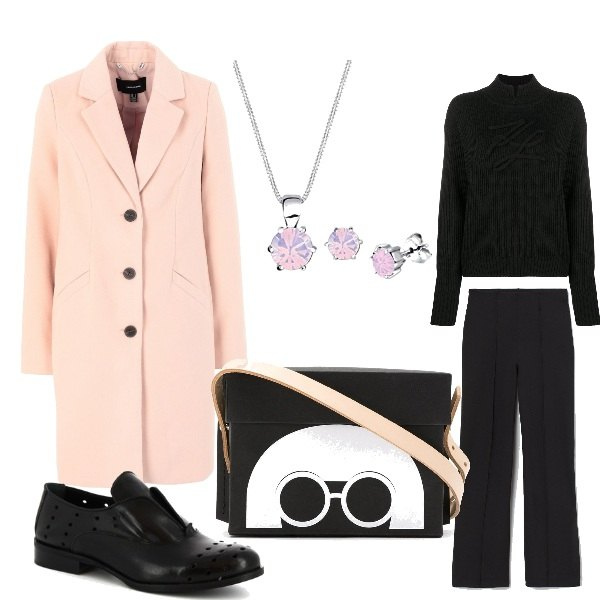 Outfit donna - Bon Ton #3813. Stile Bon Ton per Tutti i giorni. Abbinamento con cappotti, francesine, maglioni, borse a tracolla, pantaloni, orecchini.
