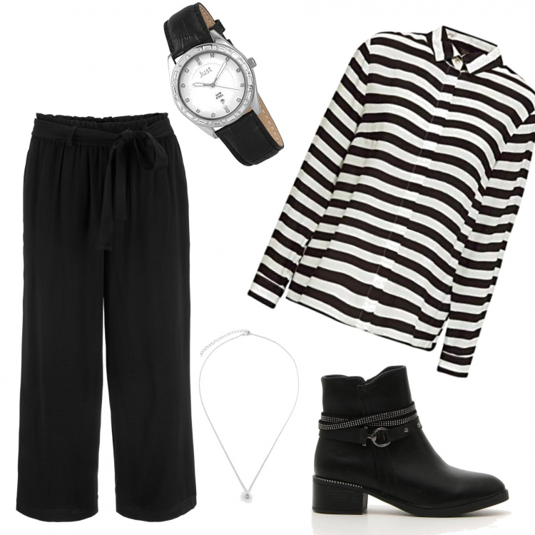Outfit donna - In ufficio con originalità. Stile Chic per Ufficio. Abbinamento con pantaloni culotte, ciondoli, camicie, orologi, stivaletti.