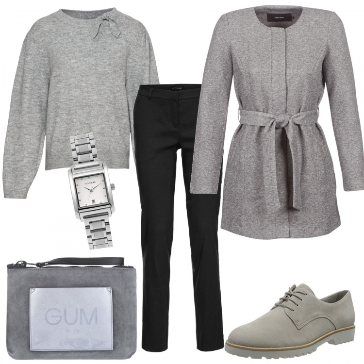 Outfit donna - Grigio. Stile Basic per Tutti i giorni. Abbinamento con pantaloni, maglioni, borse a mano, cappotti, orologi, scarpe stringate.